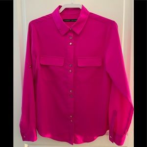Bright Pink long sleeve blouse, with gold buttons, size M
